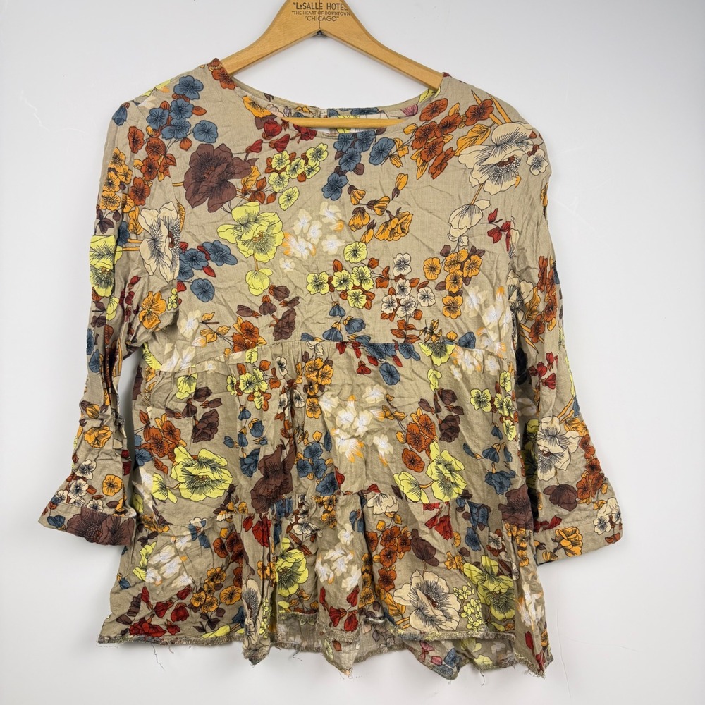 Natural Life Boho Floral Tiered Babydoll Shirt Top Tan Multi Color Size M